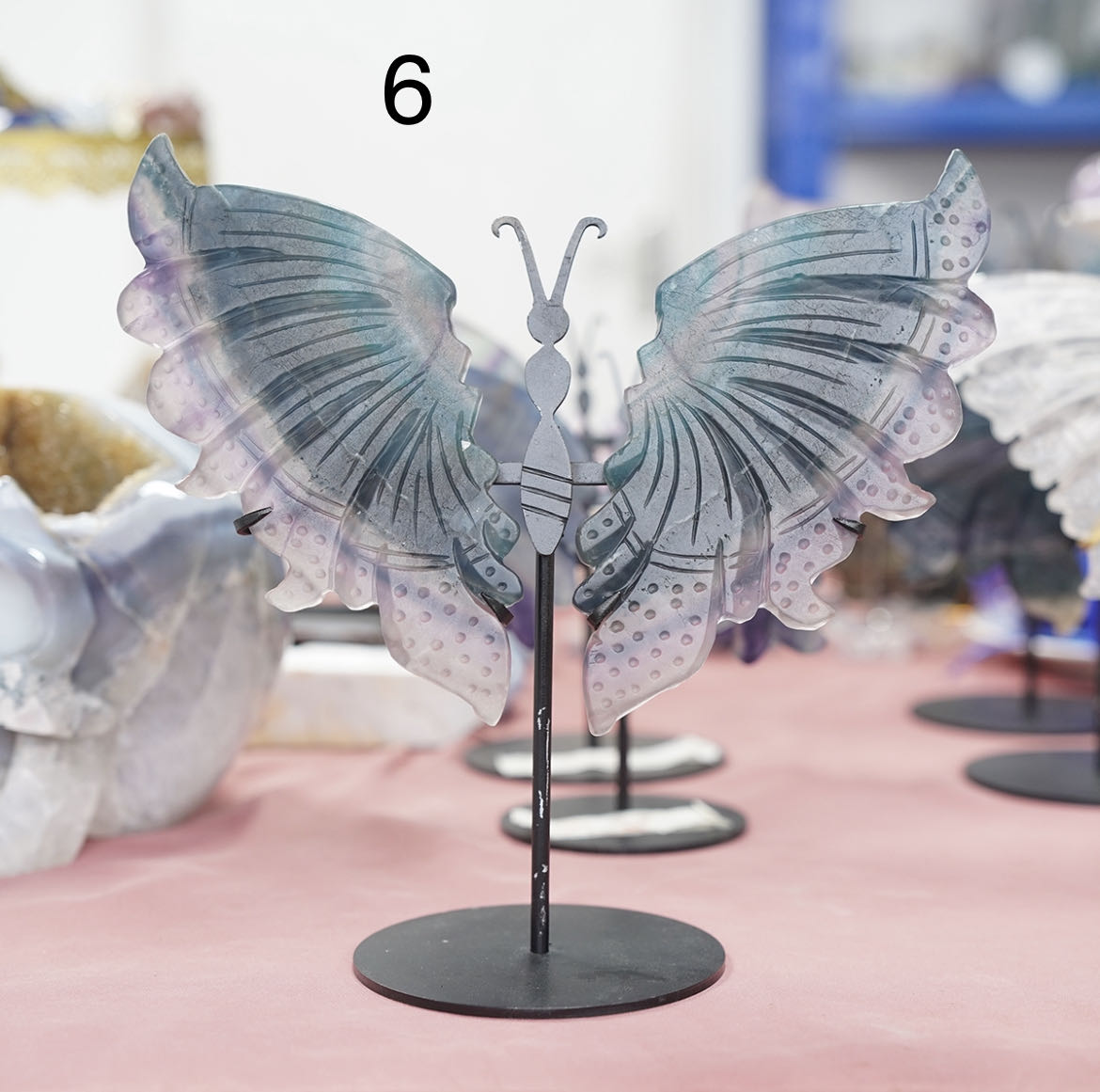 Hand Carved Fluorite clear and quartz Butterfly wings on stand