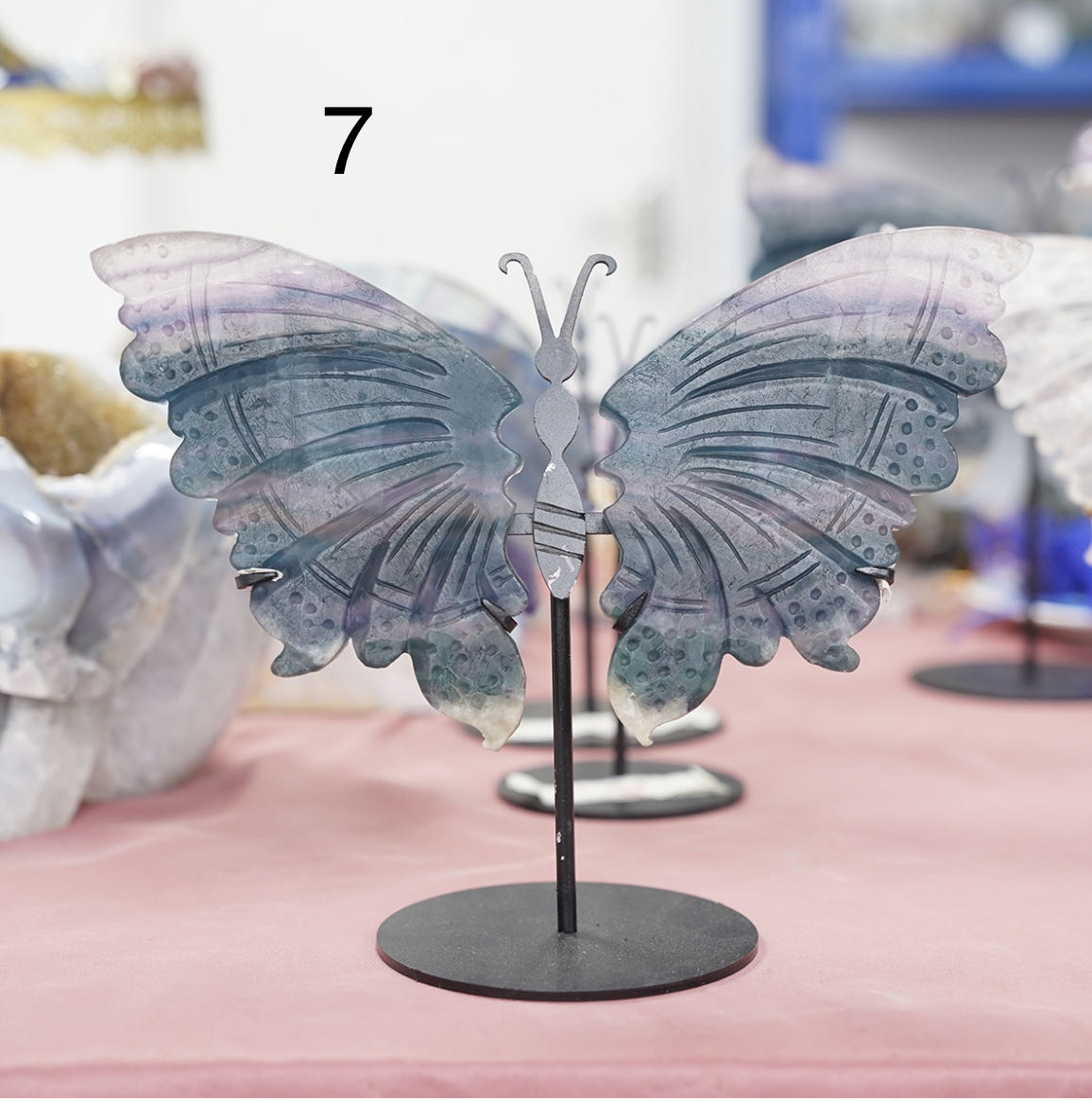 Hand Carved Fluorite clear and quartz Butterfly wings on stand