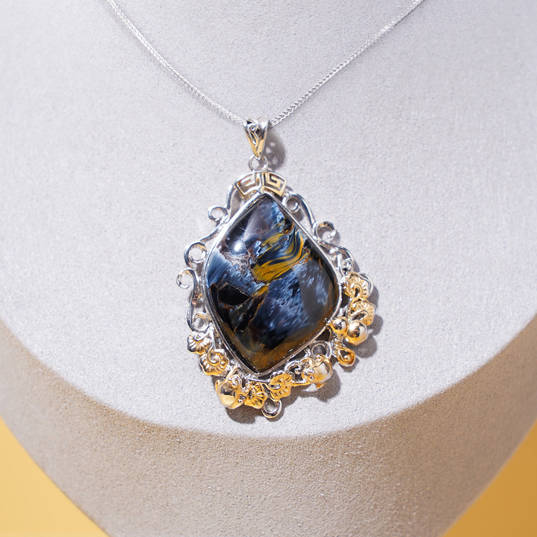Pietersite Pendant with Zircon 925 Silver Necklace