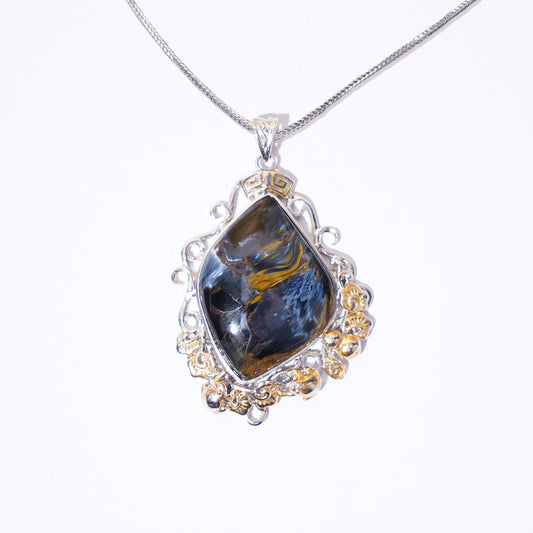 Pietersite Pendant with Zircon 925 Silver Necklace