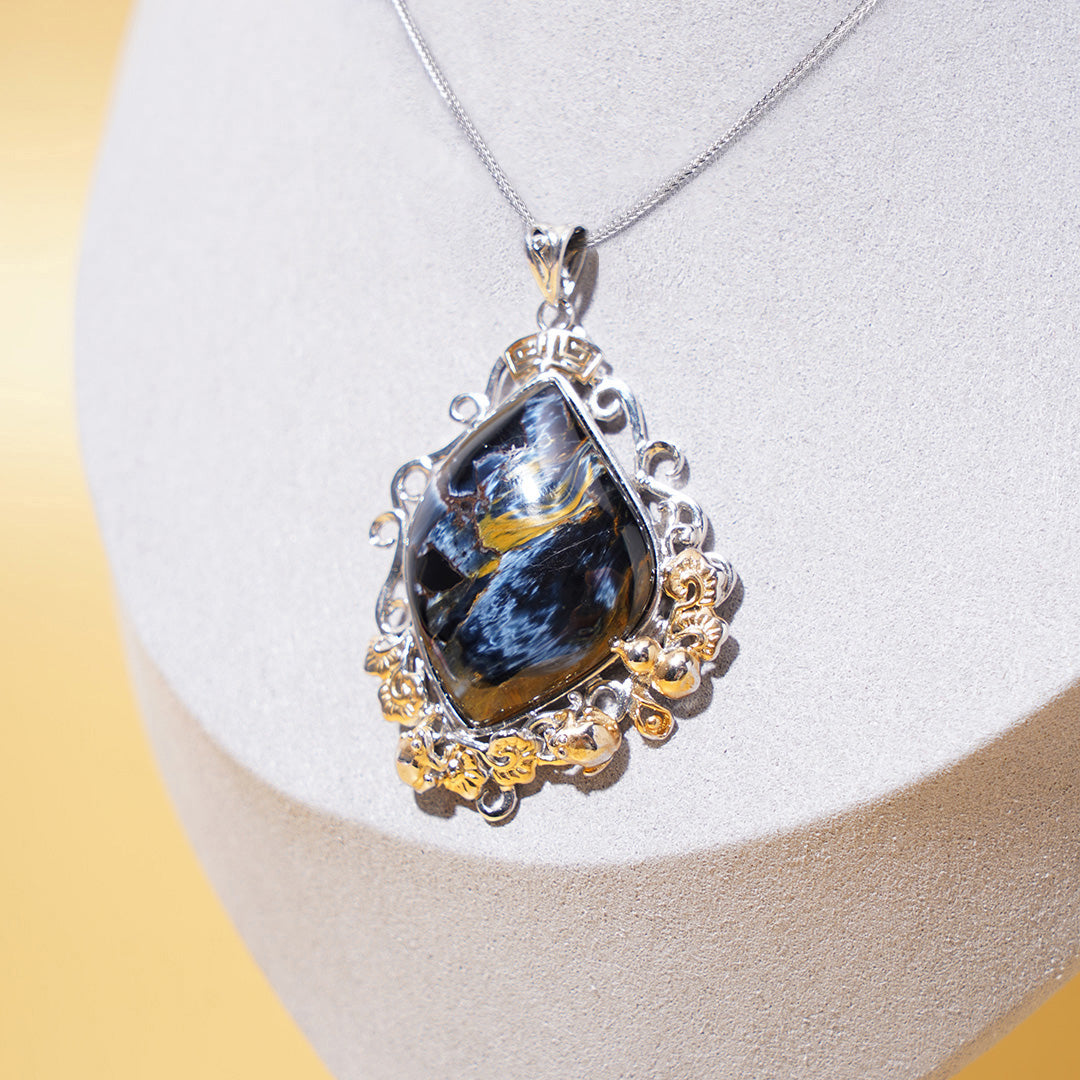 Pietersite Pendant with Zircon 925 Silver Necklace