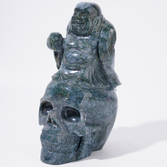 Big Natural Moss Agate Buddha on Skull Carving
