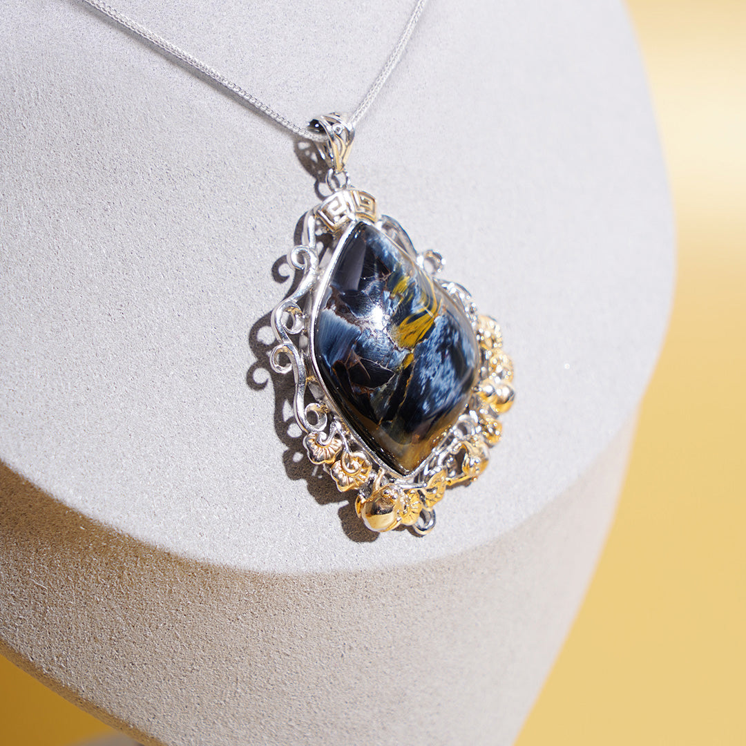 Pietersite Pendant with Zircon 925 Silver Necklace