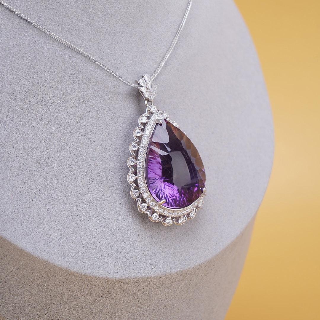 Amethyst Crystal Drop Pendant with Zircon 925 silver Necklace