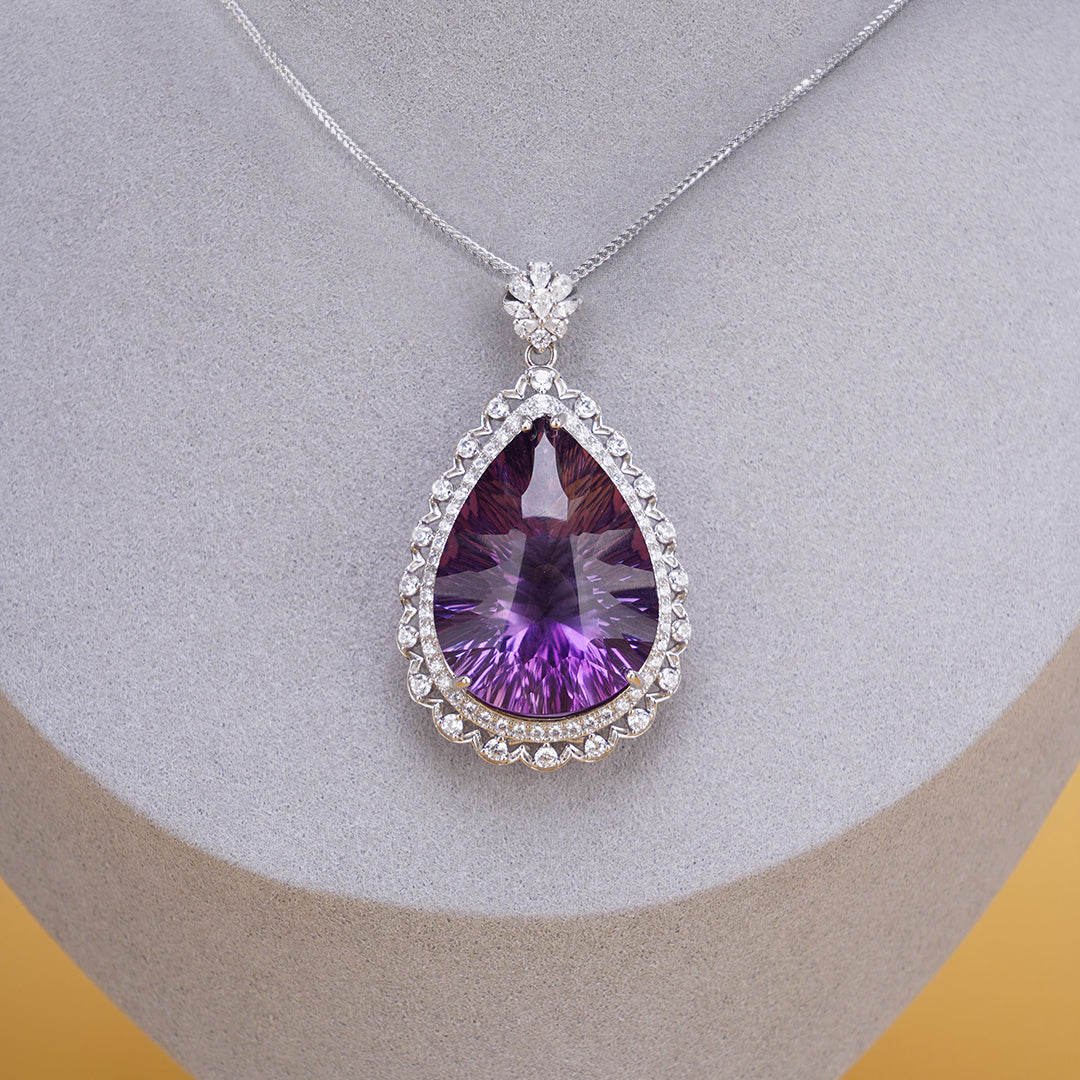 Amethyst Crystal Drop Pendant with Zircon 925 silver Necklace