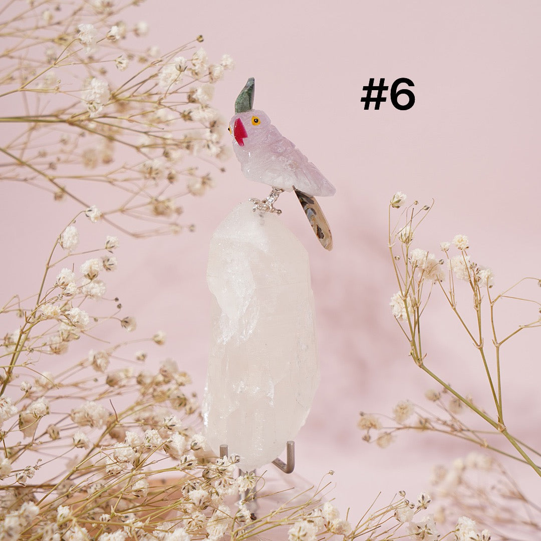 Raw Crystal Bird Carving with holder