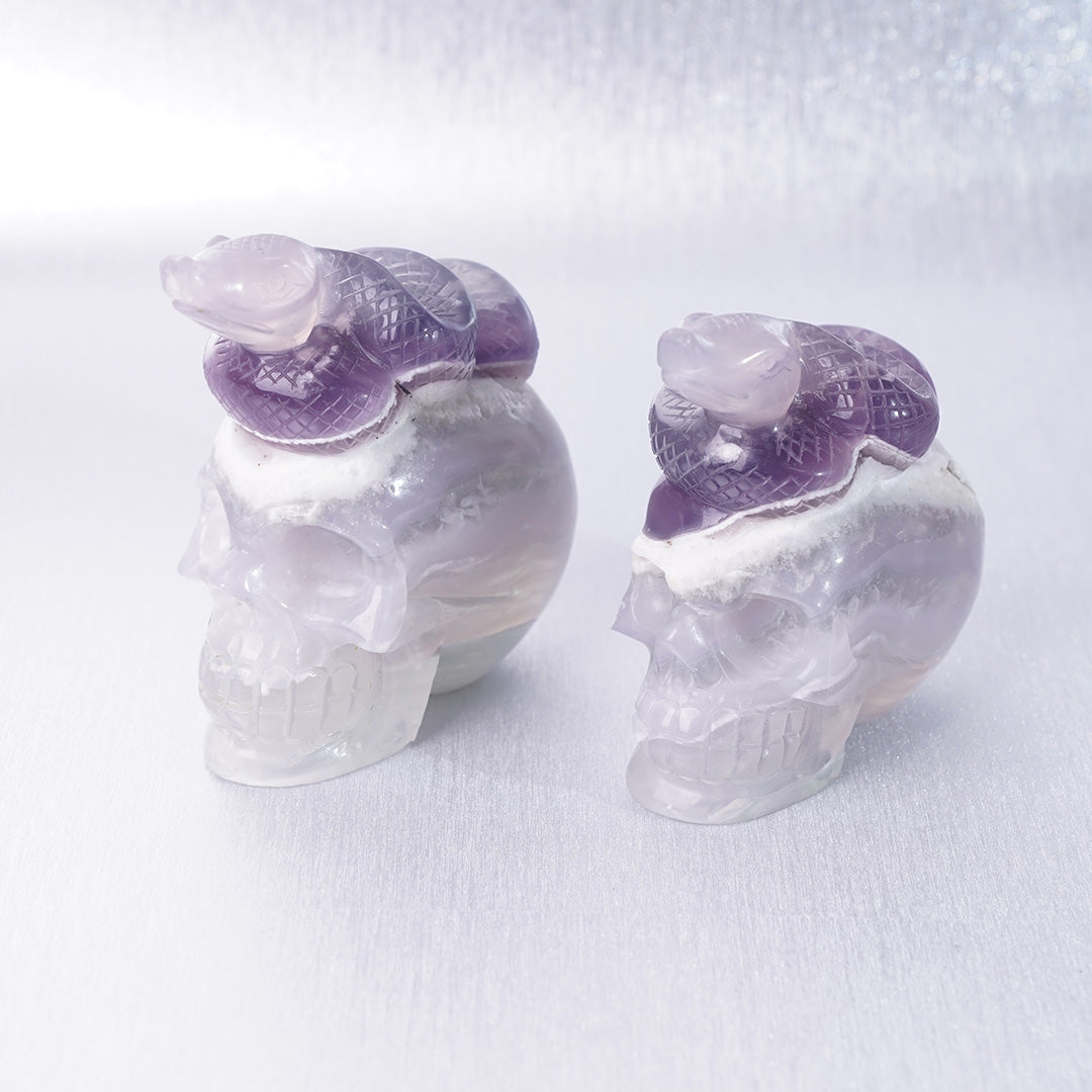 Fluorite Crystal Carving Purple Snake lying on Skull