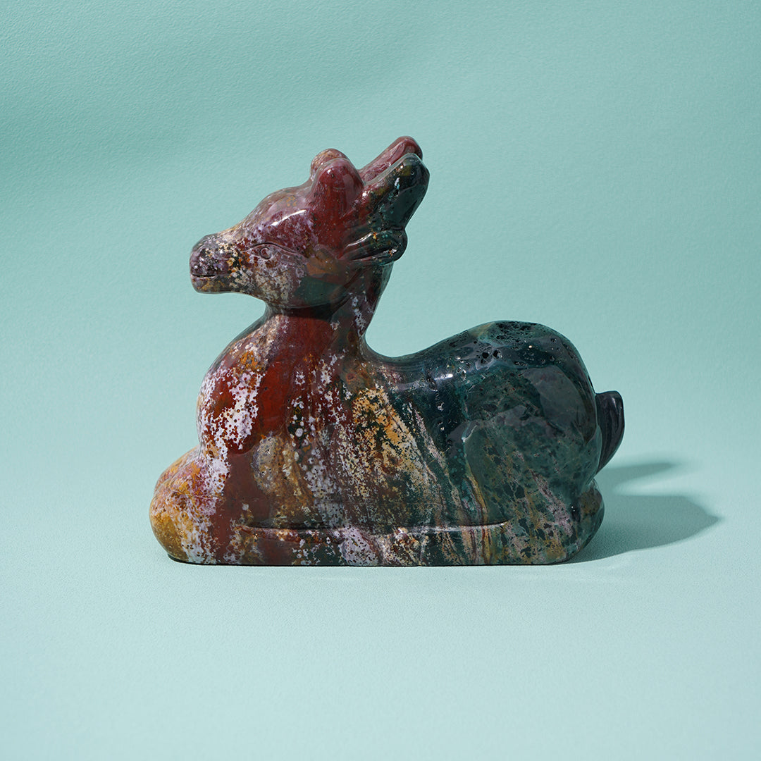 Sitting deer Sculpture Ocean Jasper