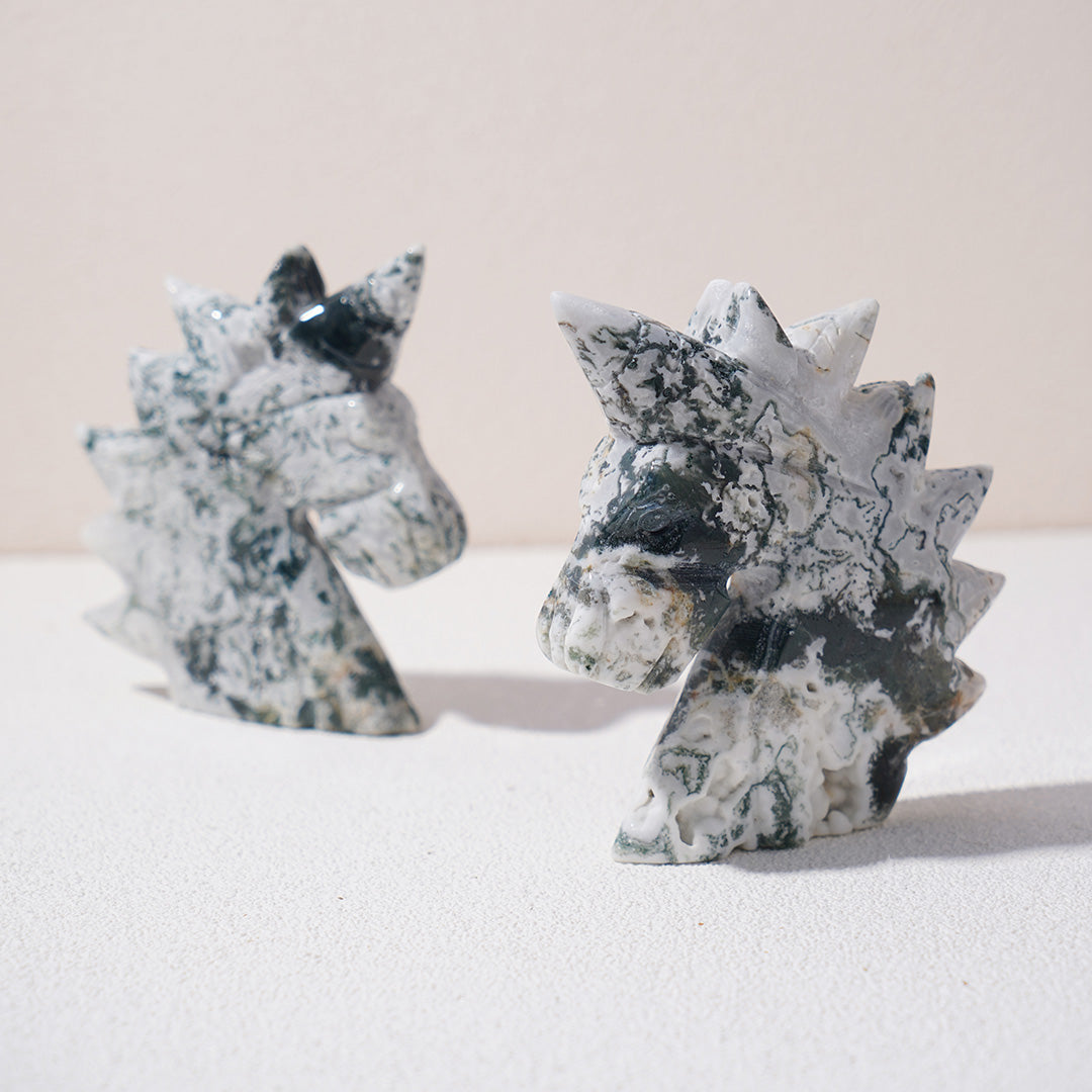 Moss agate unicorn carving