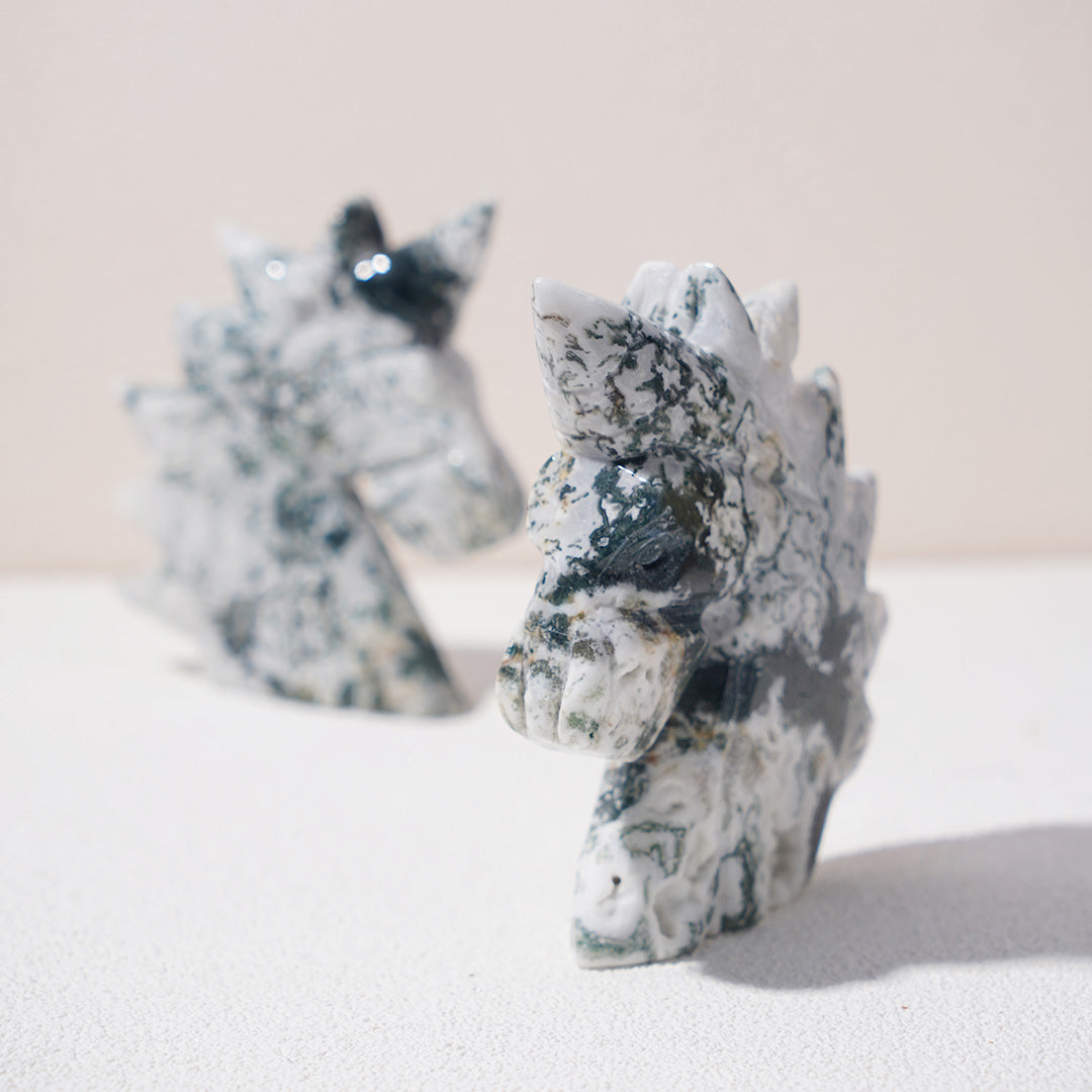 Moss agate unicorn carving