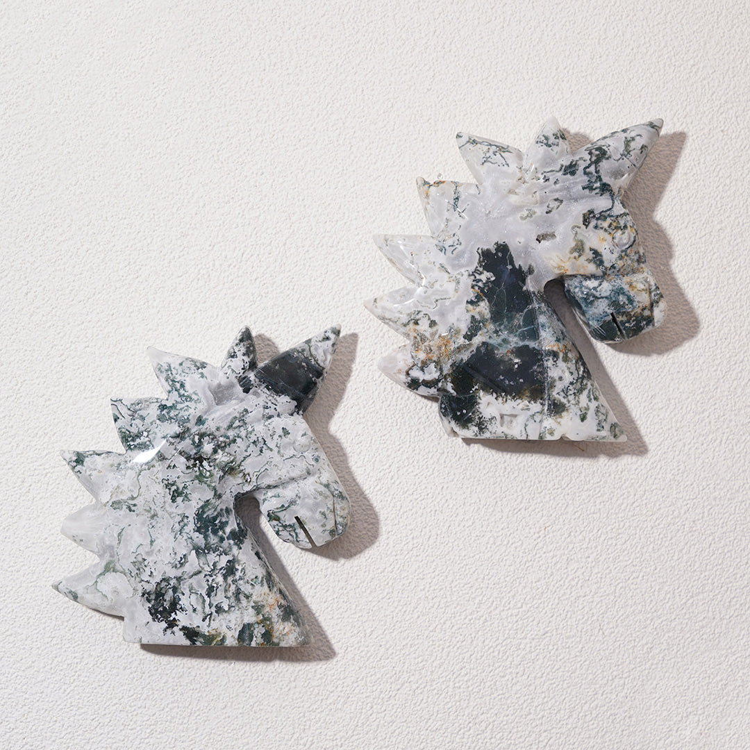 Moss agate unicorn carving