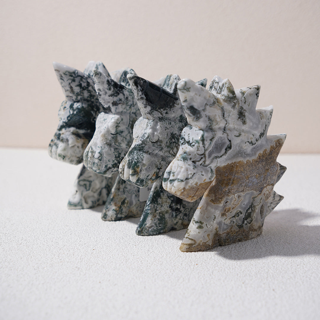 Moss agate unicorn carving