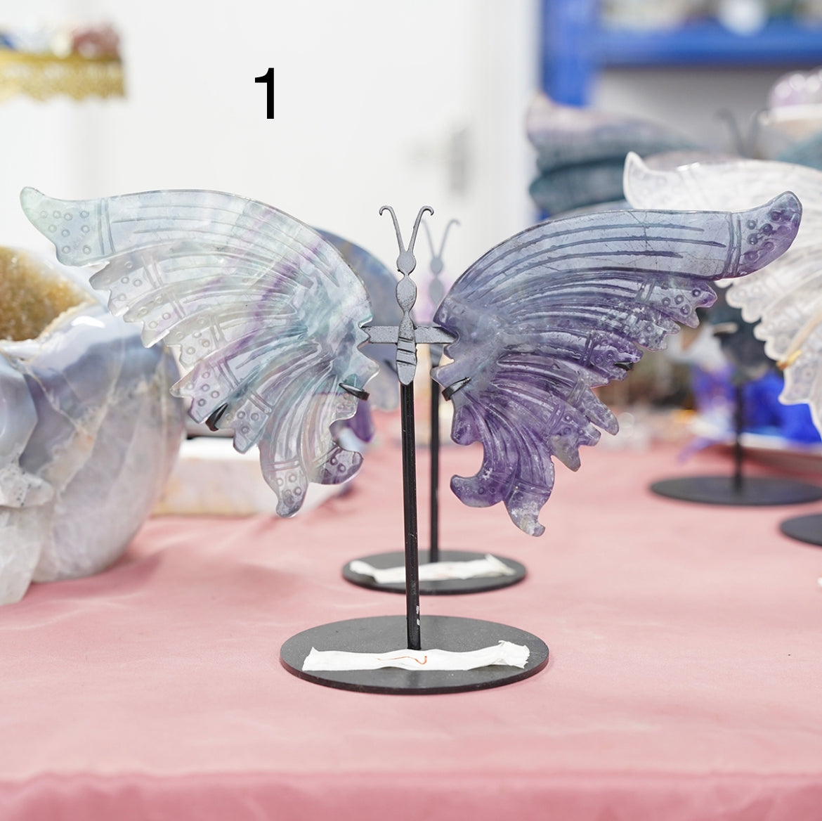 Hand Carved Fluorite clear and quartz Butterfly wings on stand