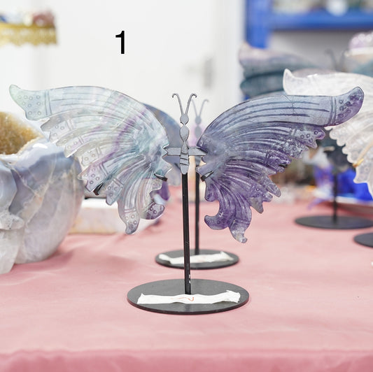 Hand Carved Fluorite clear and quartz Butterfly wings on stand