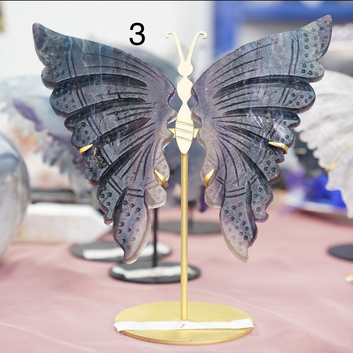 Hand Carved Fluorite clear and quartz Butterfly wings on stand