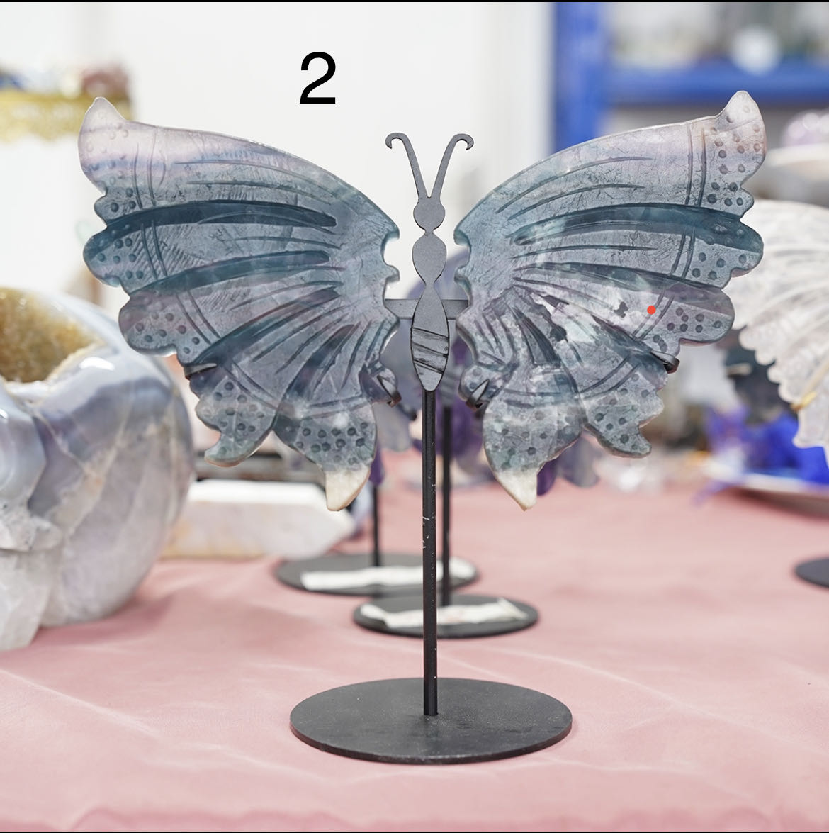 Hand Carved Fluorite clear and quartz Butterfly wings on stand