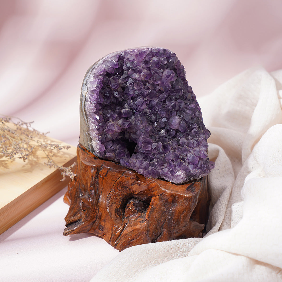 Dark Purple Amethyst Crystal Cluster With Wood Stand