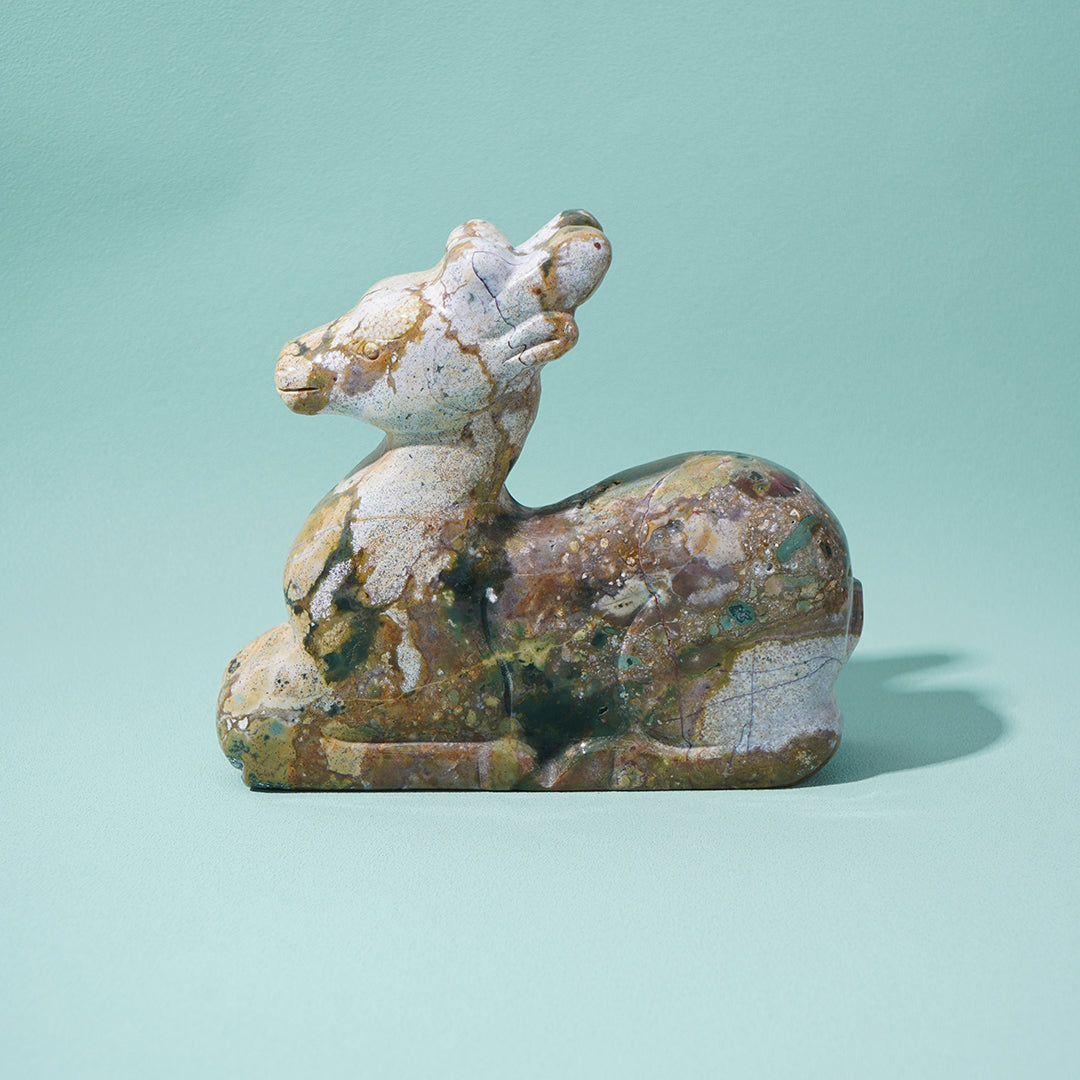 Sitting deer Sculpture Ocean Jasper