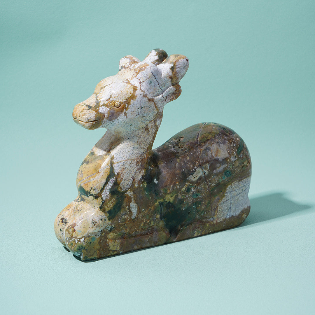 Sitting deer Sculpture Ocean Jasper