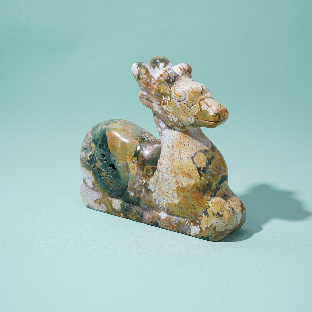 Sitting deer Sculpture Ocean Jasper