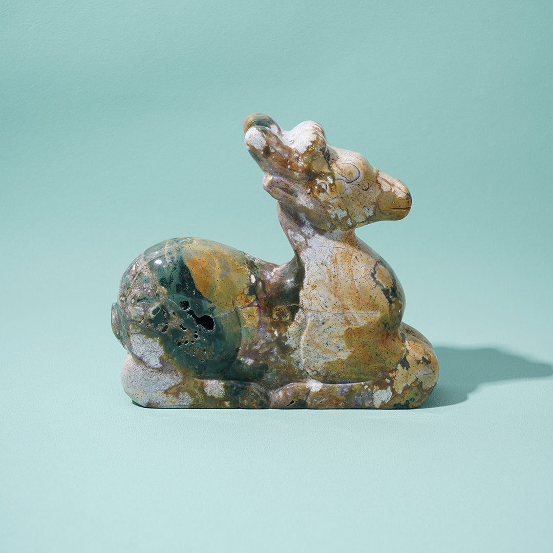 Sitting deer Sculpture Ocean Jasper