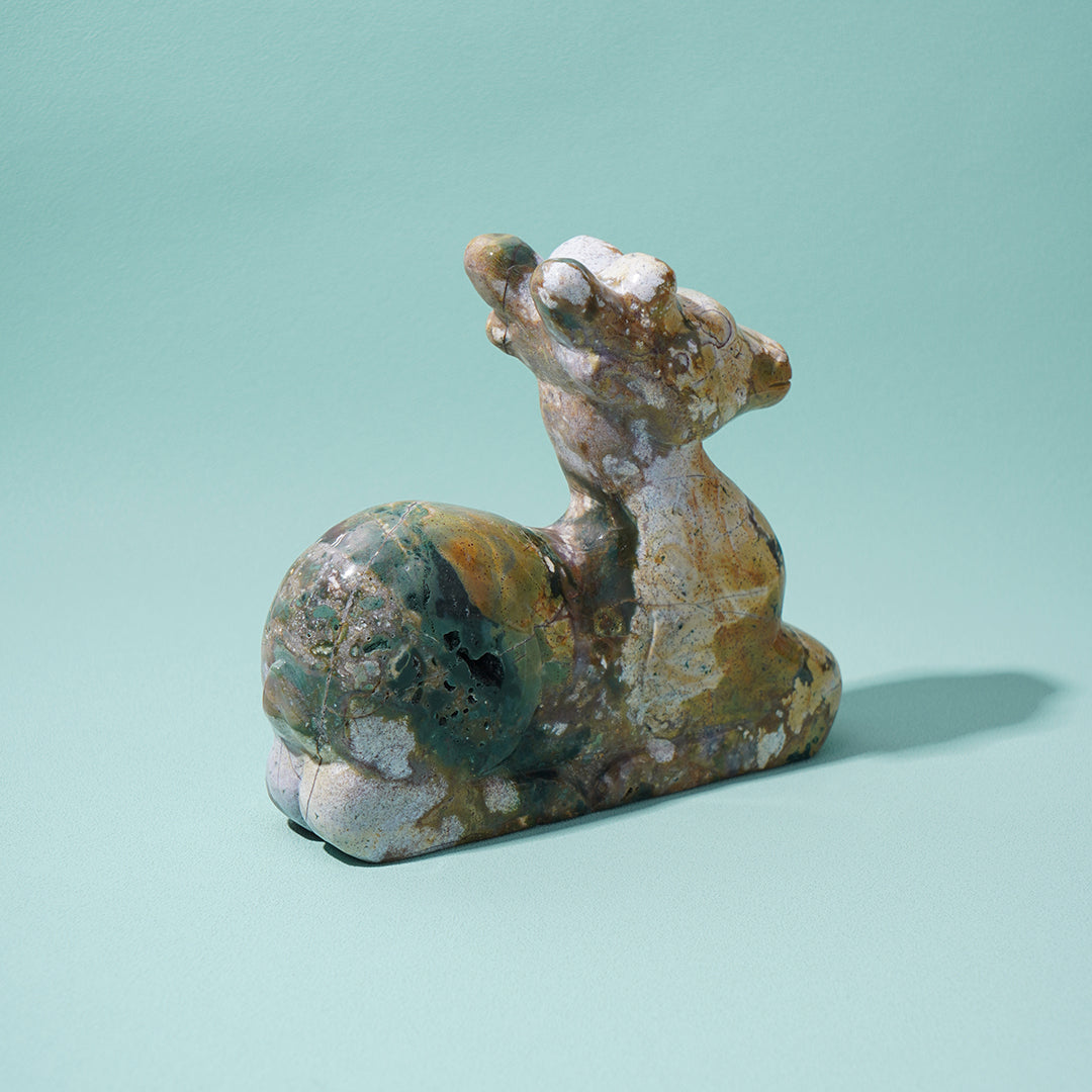 Sitting deer Sculpture Ocean Jasper